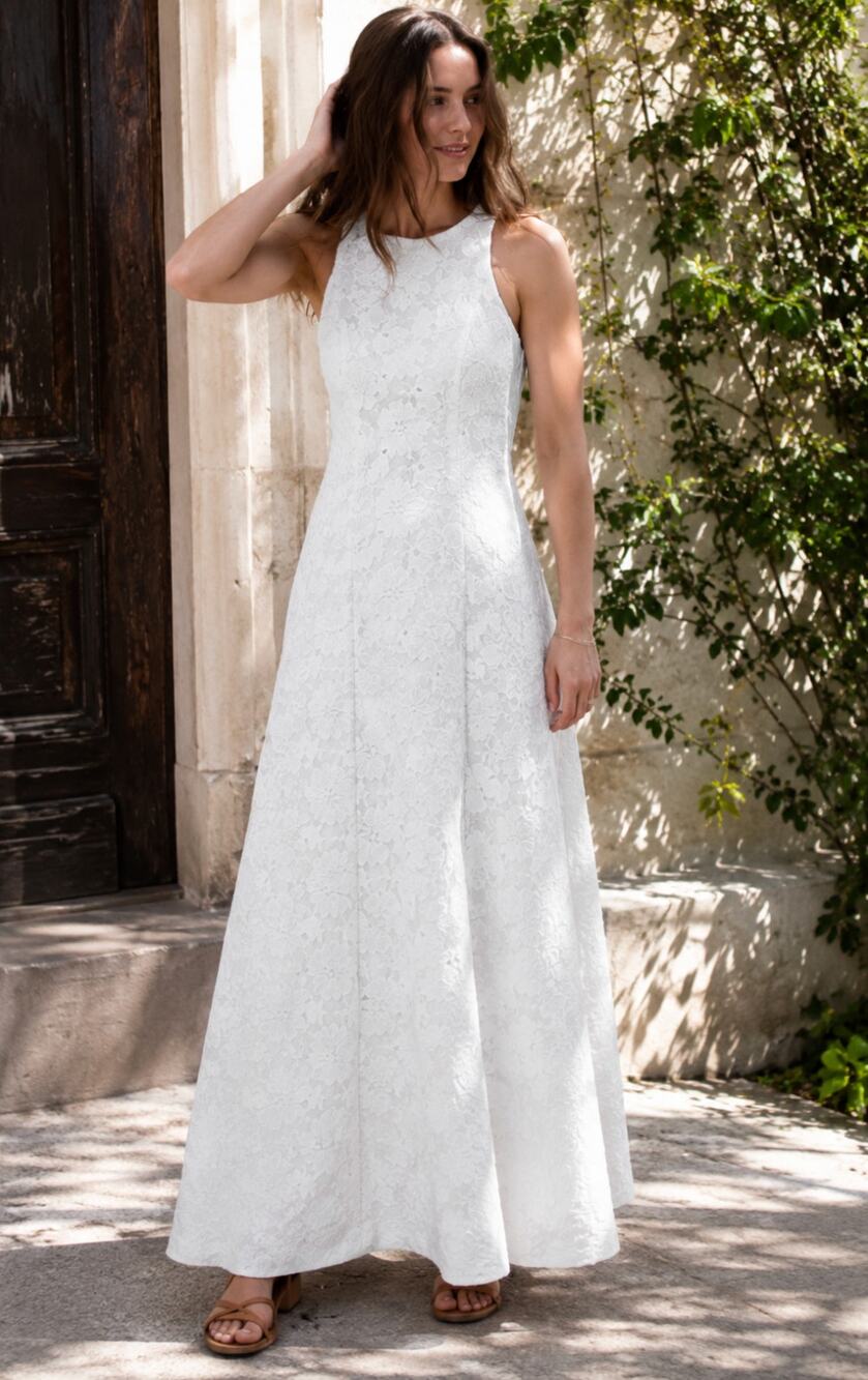 KAY UNGER Maurena White Floral Lace Floral High Neck Gown Size 14